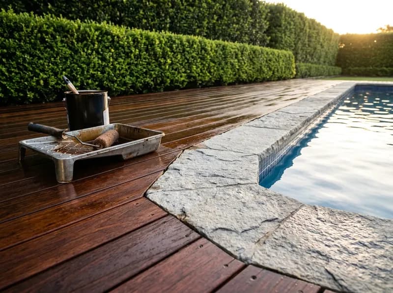 Deck de madeira exótica oleado junto a uma piscina